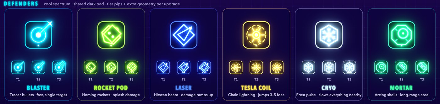 Concept art: six towers, each shown large and then at tiers one to three, in cyan, lime, blue, yellow, ice white and green