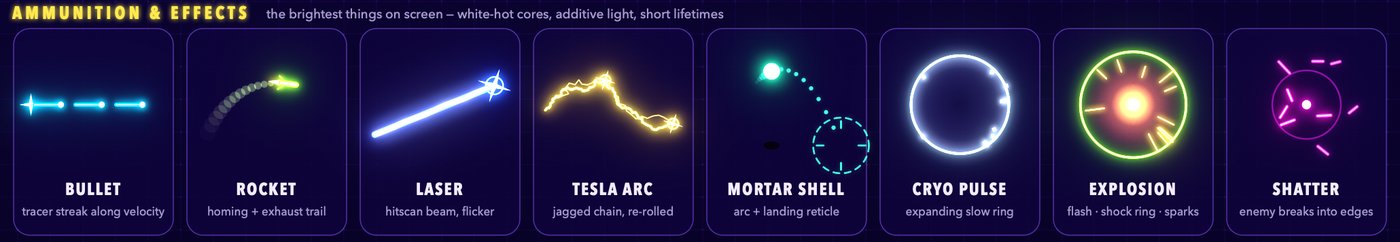 Concept art: bullets, a rocket, a laser beam, a tesla arc, a mortar shell, a cryo pulse, an explosion and an invader shattering