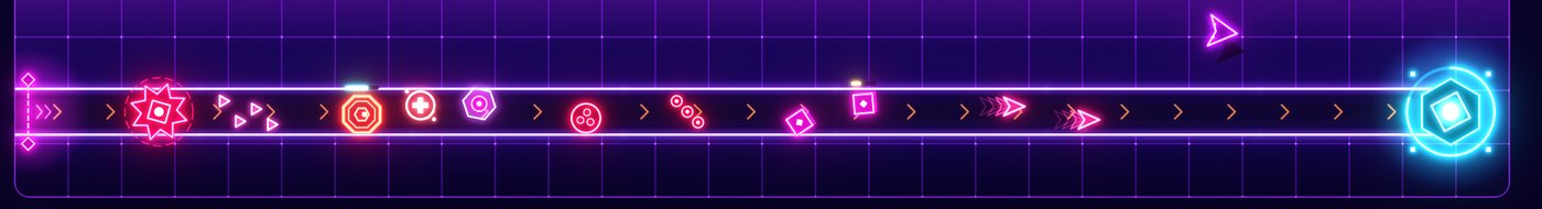 Concept art: a line of pink, red and magenta invaders of different shapes moving along a road towards the glowing cyan core, with a flyer above the road