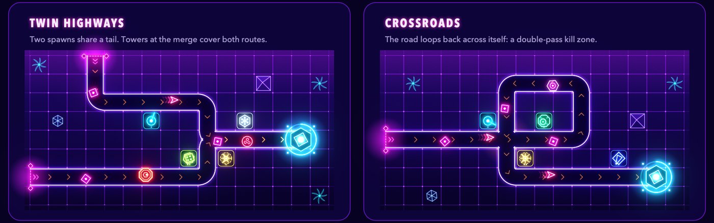 Concept art of two maps: Twin Highways, where two roads from separate gates merge before the core, and Crossroads, where the road loops back across itself